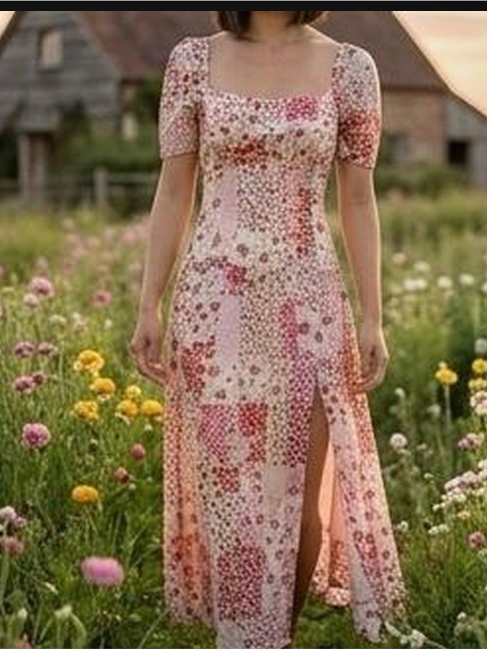 Zara Pink Floral Patchwork Square-Neck Maxi Dress with Side Slit